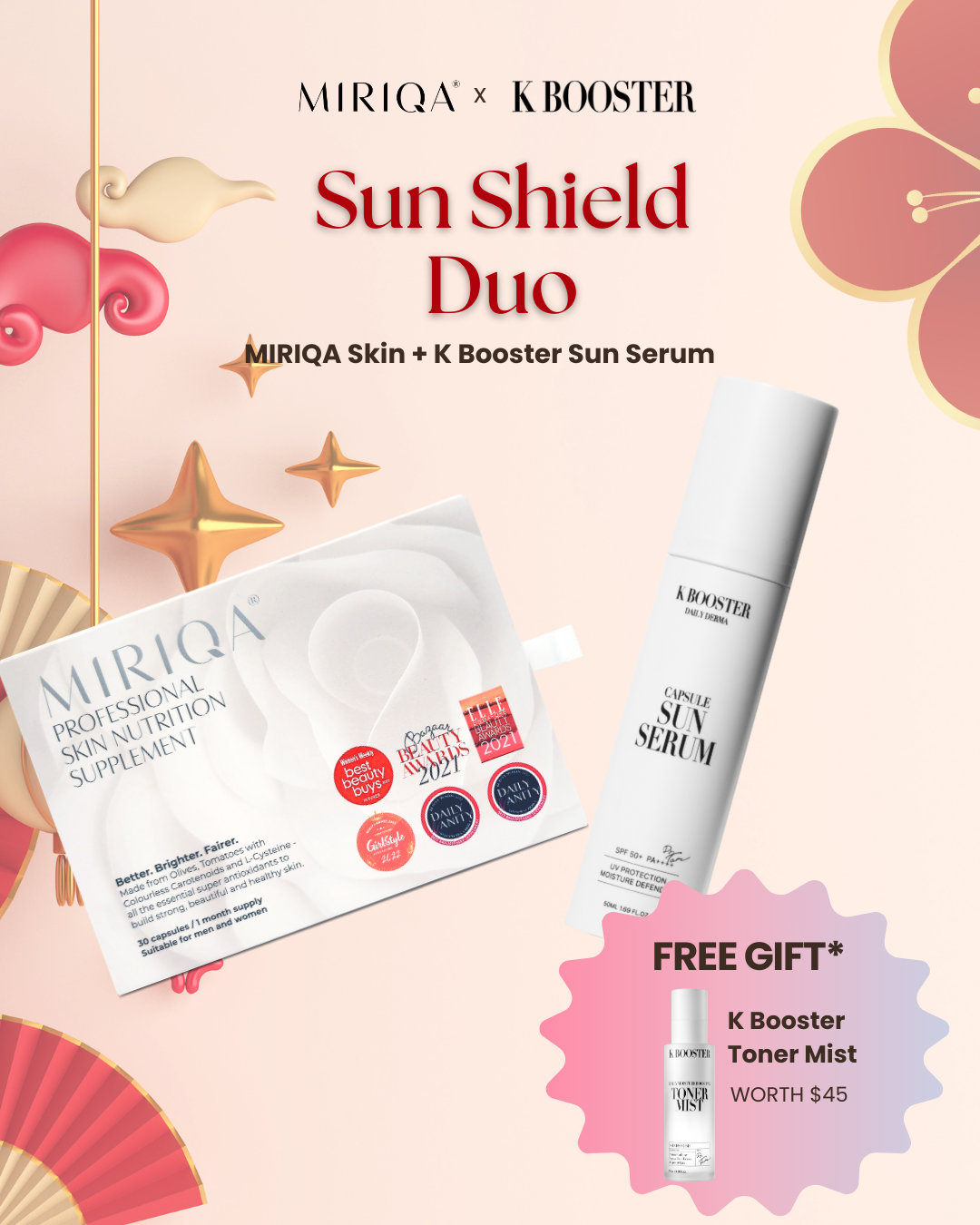 Sun Shield Duo: MIRIQA® Skin Oral Sunblock + K Booster Capsule Sun Serum