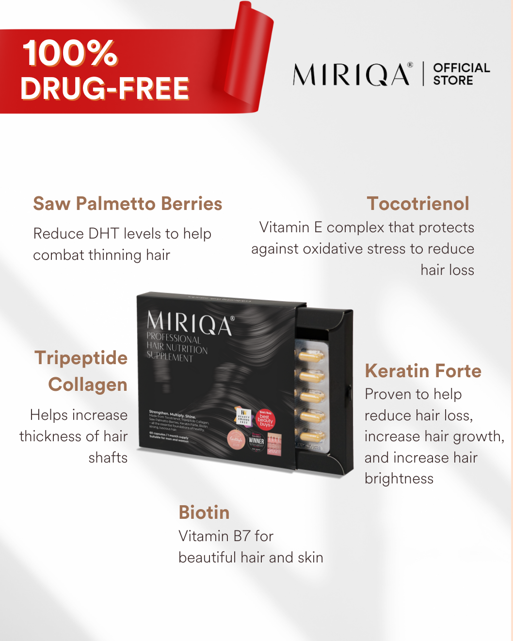 MIRIQA Hair Supplement Ingredients | 100% Drug Free