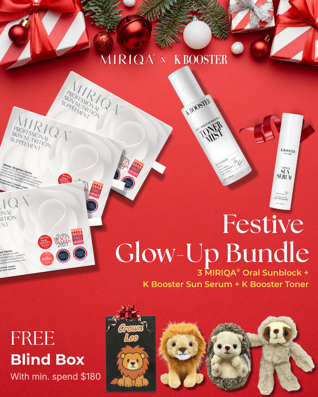 Festive Glow-Up Bundle: MIRIQA® Skin (3 Boxes) + K Booster Toner Mist + Sun Serum Bundle